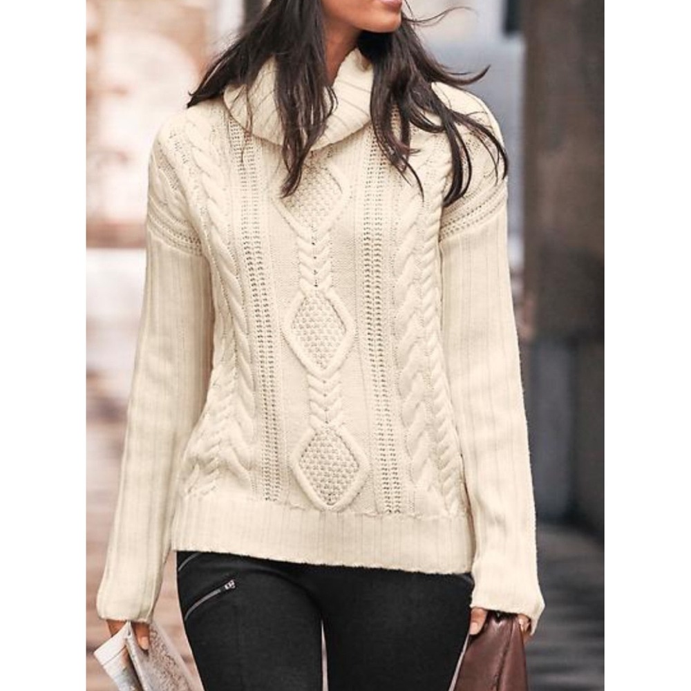 Athleta Merino Wool Cream Fisherman Sweater Size XL